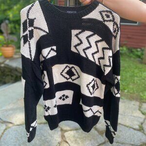 Vintage Claiborne Black and White Patterned Hand-Knit Sweater